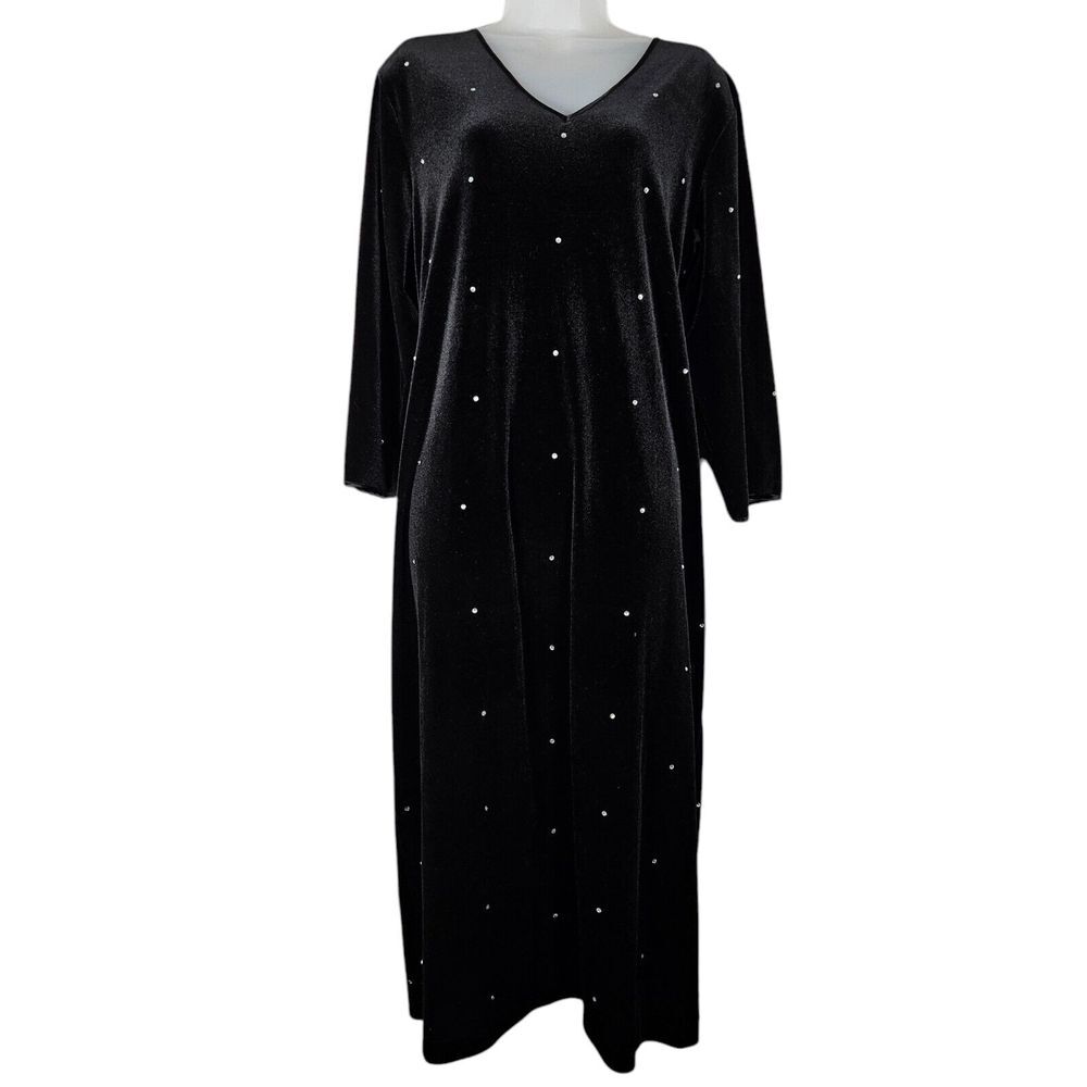 Quacker Factory Dress L Black Velvet‎ Rhinestones 3/4 Sleeve Holiday Whimsigoth